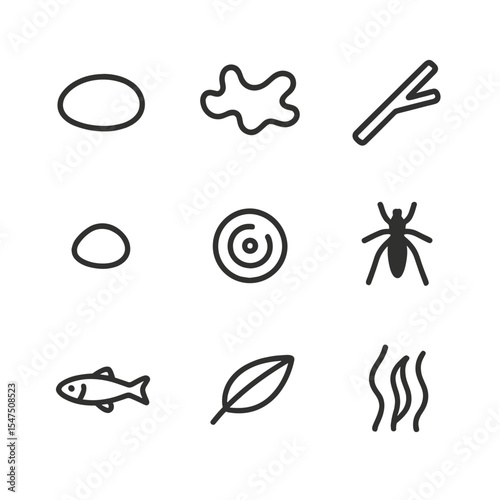 Riverbed Ecosystem Icons. Outline icon set of clear riverbed ecosystem: smooth pebble, algae patch, stick, small stone, water