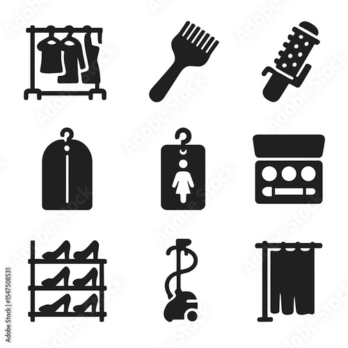 Fashion Backstage Icons. Solid, filled icons set of fashion show backstage: dressing rack, stylist brush, hair