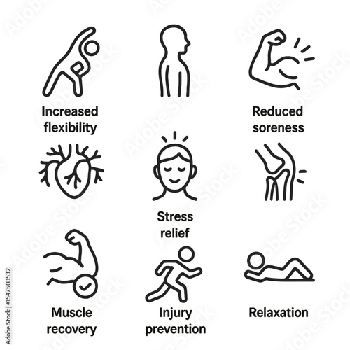 Stretching Benefits Icons. Outline icon set of stretching benefits icons: increased flexibility, improved posture, reduced