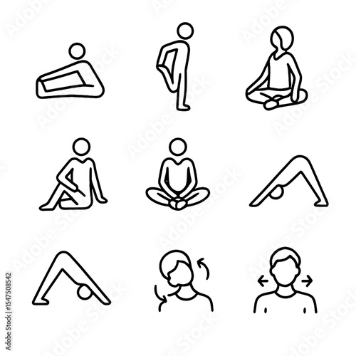 Stretching Exercise Icons. Outline icon set of cool-down and stretch: hamstring stretch, quad stretch, child’s pose, seated twist,