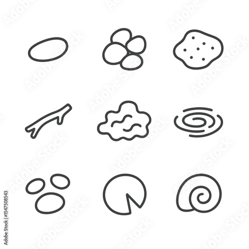 Riverbed Pebble Icons. Outline icon set of riverbed pebbles: smooth pebble, cobble cluster, sand patch, driftwood piece, algae mat