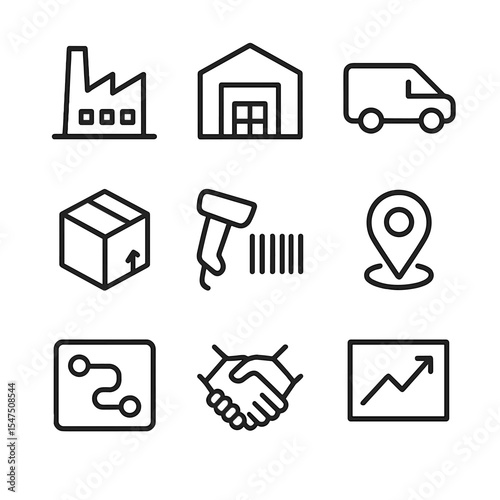 Supply Chain Icons. Outline icon set of supply chain management: factory, distribution center, delivery van, inventory box,