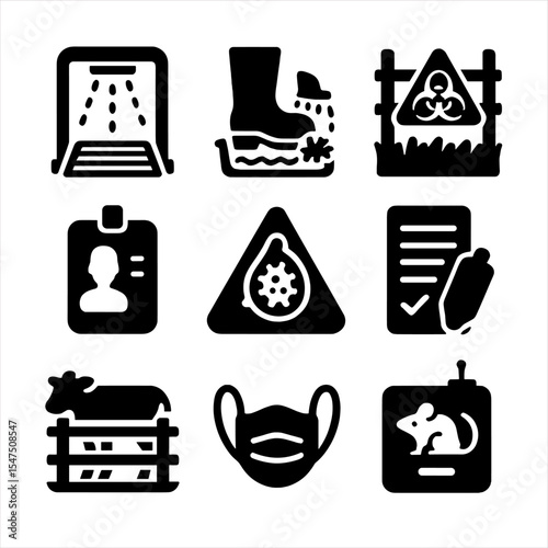 Farm Biosecurity Icons. Solid, filled icons set of farm biosecurity measures: sanitation gate, boot wash,