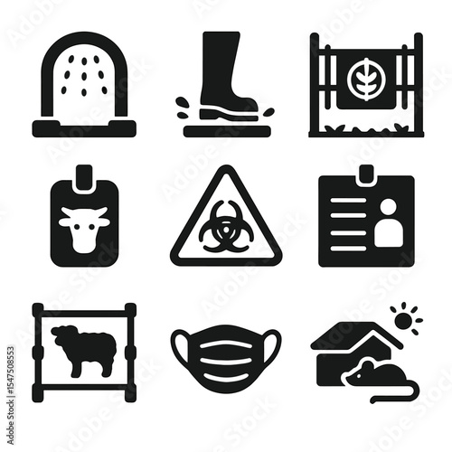 Farm Biosecurity Icons. Solid, filled icons set of farm biosecurity measures: sanitation gate, boot wash,