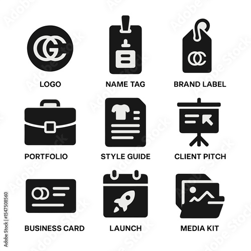 Fashion Branding Icons. Solid, filled icons set of fashion brand development: logo icon, name tag, brand label