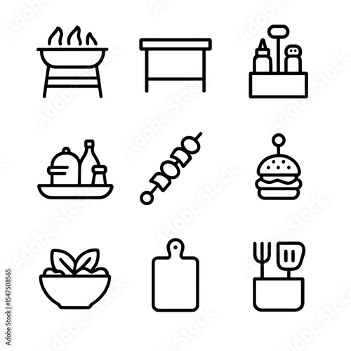 Rooftop BBQ Outline Icons. Outline icon set of rooftop barbecue and food stations: grill station, prep table, condiment rack,