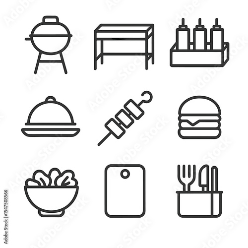 Rooftop BBQ Outline Icons. Outline icon set of rooftop barbecue and food stations: grill station, prep table, condiment rack,