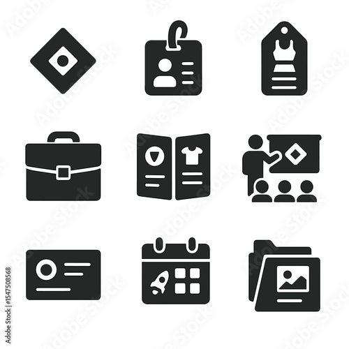Fashion Branding Icons. Solid, filled icons set of fashion brand development: logo icon, name tag, brand label