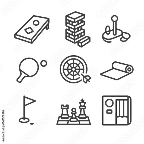 Rooftop Games Icon Set. Outline icon set of rooftop games and activities: cornhole board, giant Jenga, ring toss, table tennis,