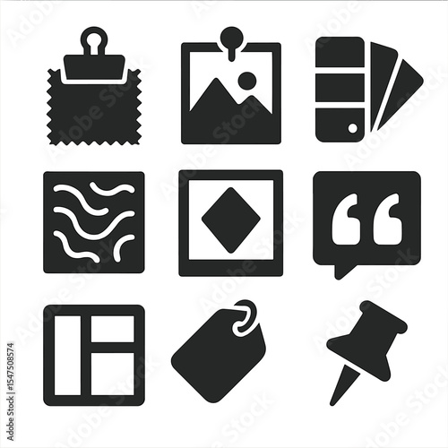 Fashion Board Icons. Solid, filled icons set of fashion mood board elements: fabric clip, photo pin, color