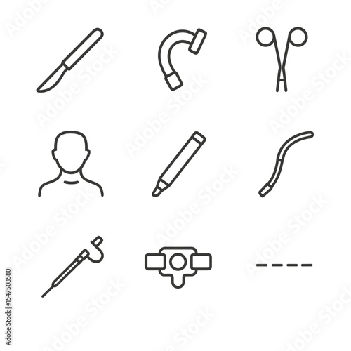 Surgical Airway Icons. Outline icon set of surgical airway procedures: scalpel, tracheostomy tube, hemostat, neck anatomy diagram,