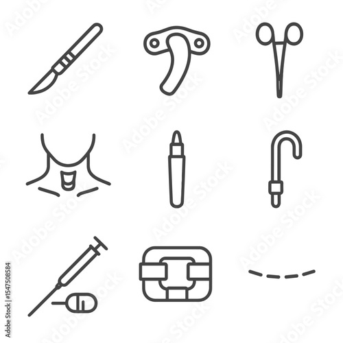 Surgical Airway Icons. Outline icon set of surgical airway procedures: scalpel, tracheostomy tube, hemostat, neck anatomy diagram,
