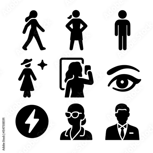 Fashion Confidence Icons. Solid, filled icons set of fashion confidence elements: confident walk, strong pose,