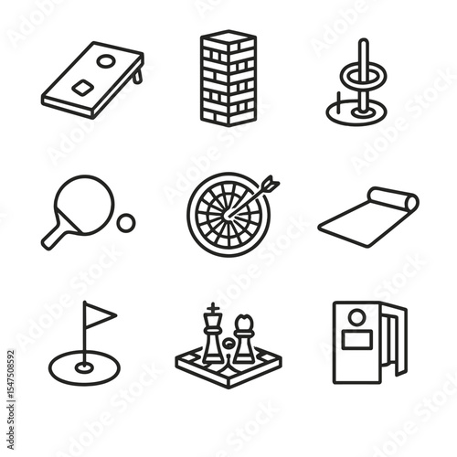 Rooftop Games Icon Set. Outline icon set of rooftop games and activities: cornhole board, giant Jenga, ring toss, table tennis,
