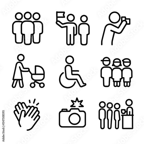 Crowd Scene Icons. Outline icon set of crowd and visitor scenes: group silhouette, guided tour leader, solo photographer, family