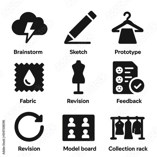 Fashion Design Process Icons. Solid, filled icons set of collection planning stages: brainstorm cloud, sketch