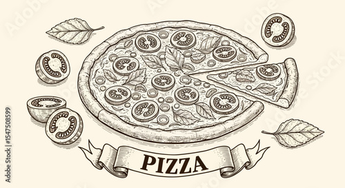 vector illustration of a vintage draw of pizza