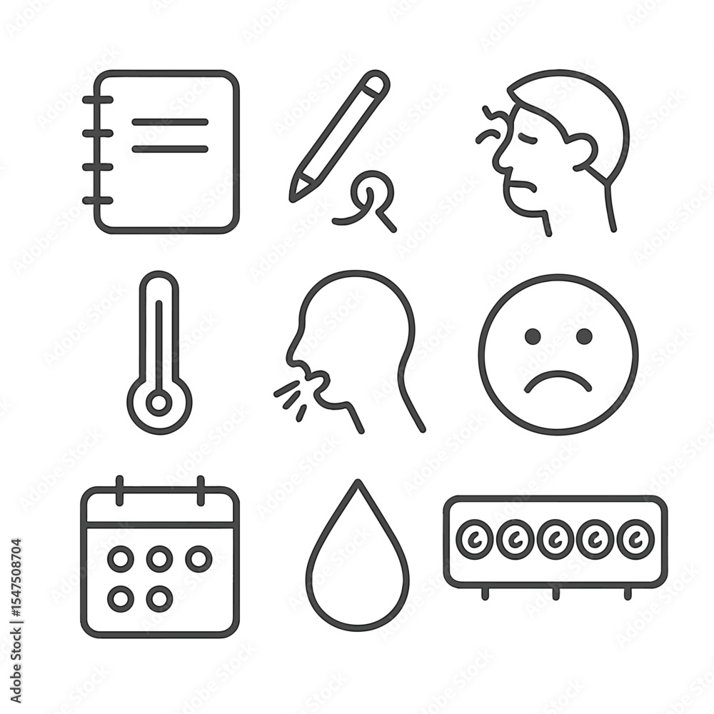 Symptom Diary Icons. Outline icon set of symptom diary logging: notebook, pencil, headache icon, thermometer, cough icon, mood