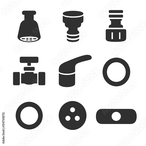 Faucet Parts Icons. Solid, filled icons set of faucet and sink parts: faucet head, aerator, hose connector,