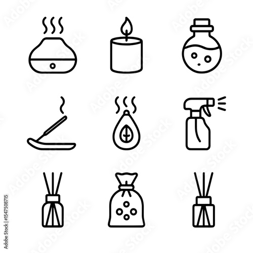 Scent Icon Set. Outline icon set of scent and atmosphere: essential oil diffuser, scent candle, aroma vial, incense holder, air