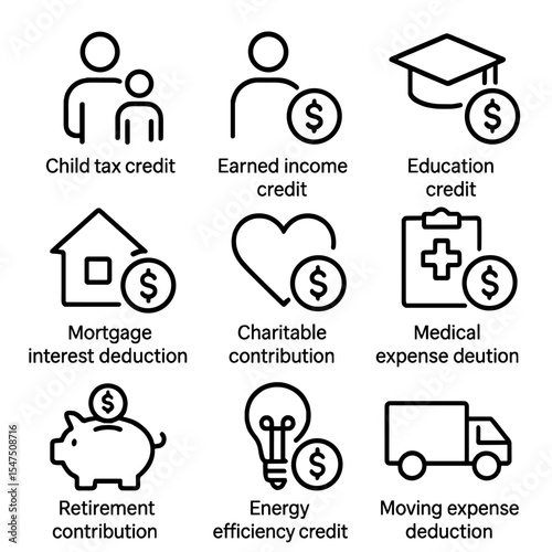 Tax Credit Icons. Outline icon set of tax credit and deduction types: child tax credit, earned income credit, education credit,