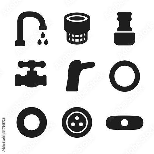 Faucet Parts Icons. Solid, filled icons set of faucet and sink parts: faucet head, aerator, hose connector,
