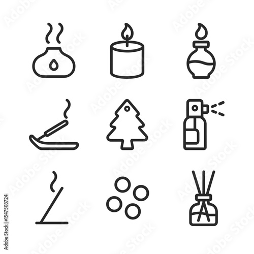 Scent Icon Set. Outline icon set of scent and atmosphere: essential oil diffuser, scent candle, aroma vial, incense holder, air