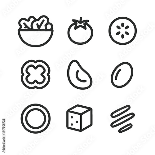 Salad Icon Set. Outline icon set of salad bowl essentials: mixed greens, cherry tomato, cucumber slice, bell pepper ring, avocado