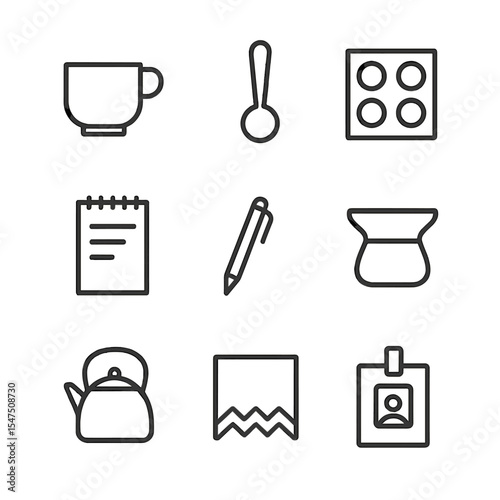 Tea Tasting Icons. Outline icon set of tea tasting event: tasting cup, flavor sampler spoon, tasting mat, notepad, pen, spittoon