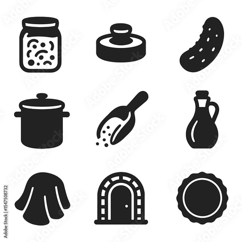 Fermentation Icons Grid. Solid, filled icons set of fermentation and preservation: glass jar, fermentation