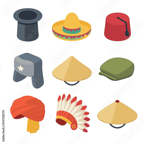 Cultural Headgear Icons. Isometric Flat icon set of cultural headgear: magician’s top hat, Mexican sombrero, Moroccan fez, Russian