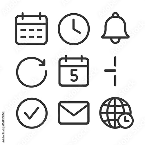 Scheduling Icon Set. Outline icon set of scheduling features: calendar, clock, reminder bell, recurring event, date picker, time