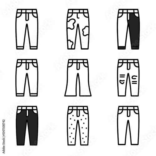 Seasonal Denim Icons Grid. Outline icon set of seasonal denim trends: light wash spring, pastel dye summer, mid wash autumn, dark