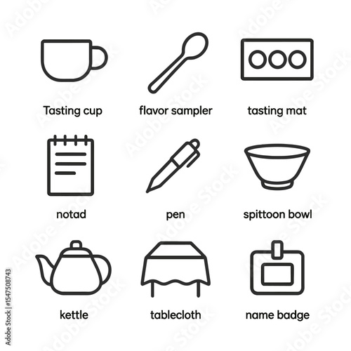 Tea Tasting Icons. Outline icon set of tea tasting event: tasting cup, flavor sampler spoon, tasting mat, notepad, pen, spittoon