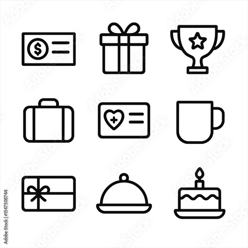 Team Reward Icons. Outline icon set of team rewards and perks: bonus cheque, gift box, trophy award, vacation suitcase, health