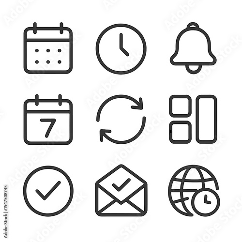 Scheduling Icon Set. Outline icon set of scheduling features: calendar, clock, reminder bell, recurring event, date picker, time