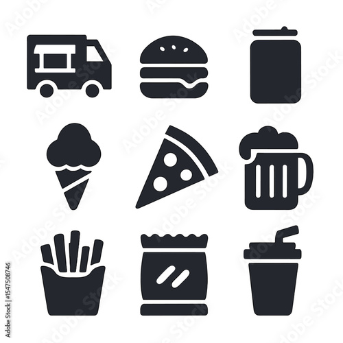 Festival Food Icons. Solid, filled icons set of festival food and drinks: food truck, burger, soda can,