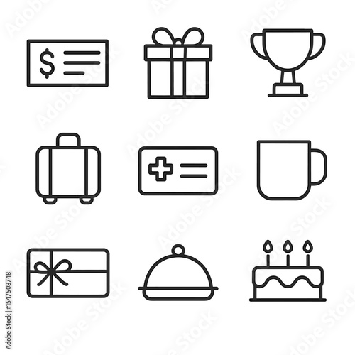 Team Reward Icons. Outline icon set of team rewards and perks: bonus cheque, gift box, trophy award, vacation suitcase, health