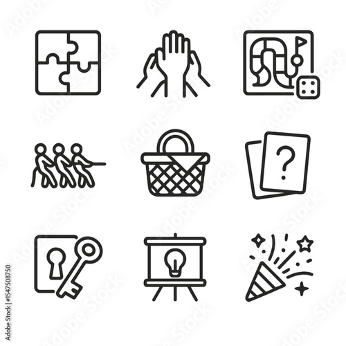Team Building Icons. Outline icon set of team building activities: puzzle pieces, group high-five, board game, teamwork rope pull,