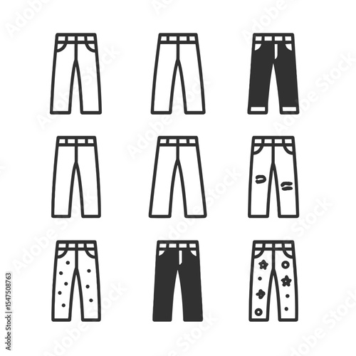 Seasonal Denim Icons Grid. Outline icon set of seasonal denim trends: light wash spring, pastel dye summer, mid wash autumn, dark