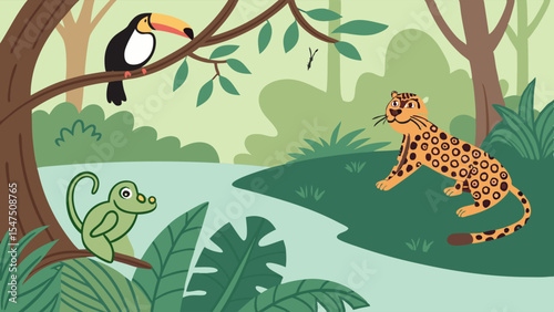 Wallpaper Mural Cute cartoon illustration of jungle animals toucan monkey and leopard in a tropical rainforest scene with river Torontodigital.ca