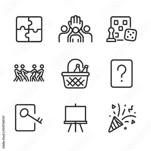 Team Building Icons. Outline icon set of team building activities: puzzle pieces, group high-five, board game, teamwork rope pull,