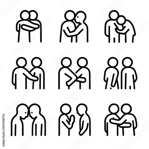 Cultural Hug Icons. Outline icon set of cultural hug variations: bear hug, cheek kiss hug, bow hug, hand on back, elbow bump,