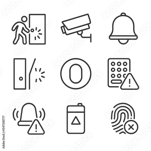 Security Icon Set. Outline icon set of security system warning indicators: intrusion detected, camera offline, alarm tamper, zone
