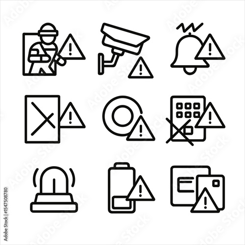 Security Icon Set. Outline icon set of security system warning indicators: intrusion detected, camera offline, alarm tamper, zone