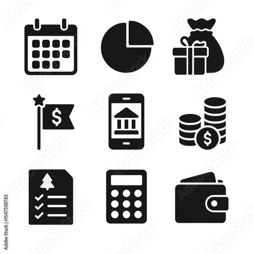 Festive Financial Icons. Solid, filled icons set of financial planning for festive seasons: monthly budget,