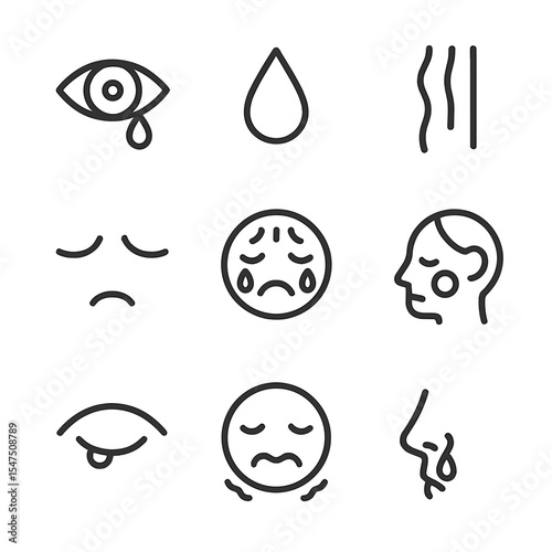 Tear-Streaked Icon Set. Outline icon set of tear-streaked facial features: eye, tear drop, tear streak, furrowed brow, quivering