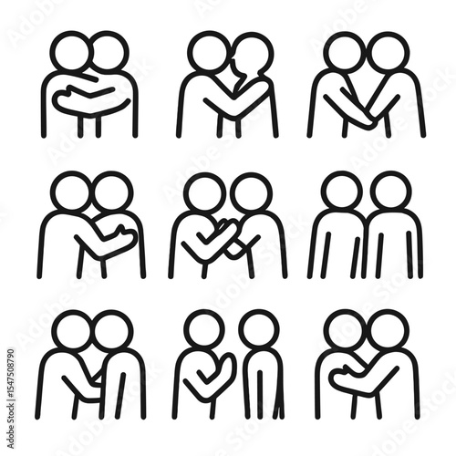 Cultural Hug Icons. Outline icon set of cultural hug variations: bear hug, cheek kiss hug, bow hug, hand on back, elbow bump,