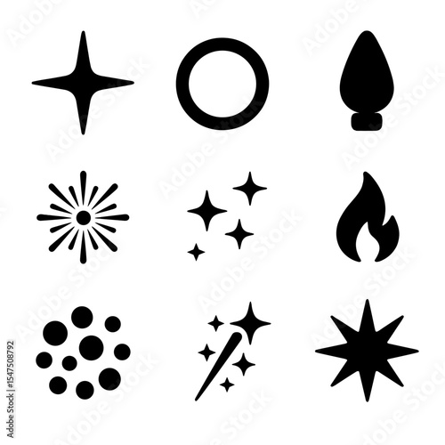 Festive Lighting Icons. Solid, filled icons set of festive lighting effects: star sparkle, glow ring, twinkle