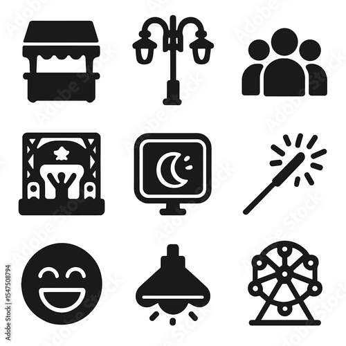 Festival Night Icons. Solid, filled icons set of festival night fun: food stand, street light, crowd scene,